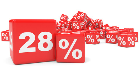 Red sale cubes. Twenty eight percent discount.