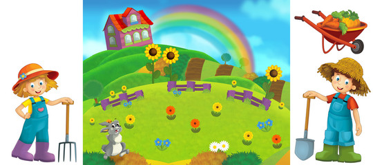 Fototapeta premium Cartoon farm scene with isolated elements for individual composition - illustration for the children