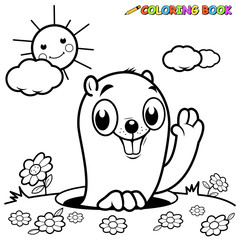Cartoon groundhog peeking out of it's hole. Vector black and white coloring page