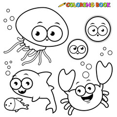 Sea animals swimming underwater. Vector black and white coloring page 