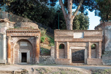 Remains of bricks graves at necropoli of Pompeii, Italy