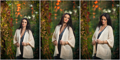 Beautiful woman in white posing in autumnal park. Young brunette woman spending time in autumn near...