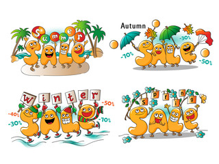 Winter, summer, autumn, spring sale. Set of images