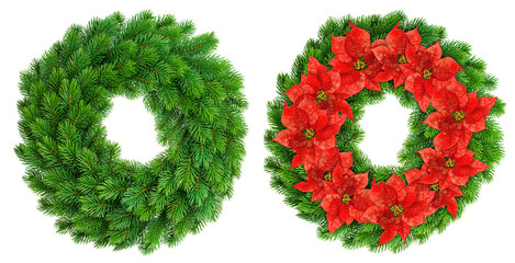 Christmas wreath. Red poinsettia flowers decoration