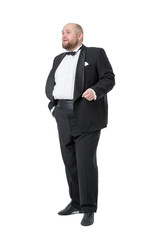 Jolly Fat Man in Tuxedo and Bow tie Shows Emotions