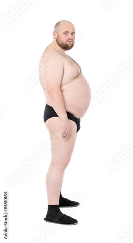 Free Funny Nude - Naked Overweight Man with Big Belly Side View\