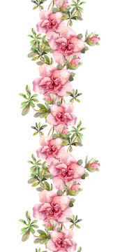 Floral seamless watercolor frame border with pink flowers. Aquarel 