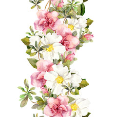Fototapeta na wymiar Floral seamless watercolor frame border with pink and white flowers. Aquarel 