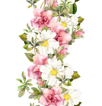 Floral seamless watercolor frame border with pink and white flowers. Aquarel 