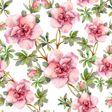 Pink flowers. Seamless floral repeated template. Hand painted watercolor on white background 