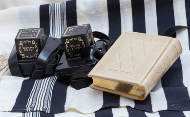 Tefillin and tallit and  Sidur Prayer. Text-tefillin Israel