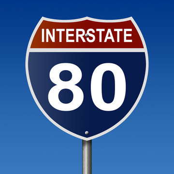 Sign for Interstate 80, part of the National Highway System, which travels between California and New Jersey