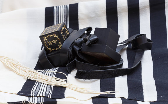 Tefillin and tallit. Text-tefillin Israel