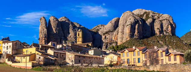 fantastic rocky landscapes -Aguero Mountains and traditional village , Huesca, Aragon, Spain