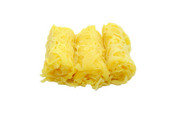 Malaysian dish Net Pancake or locally known as Roti Jala on white plate over white background.