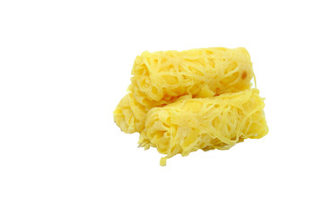 Malaysian dish Net Pancake or locally known as Roti Jala on white plate over white background.