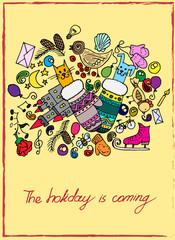 Illustration of Christmas items. The holiday and fun. Cheerful and colorful postcard.