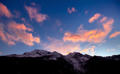 beautiful panoramic view of Himalaya mountains at sunset