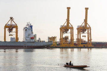 Container cargo freight ship in the morning, at Bangkok Thailand