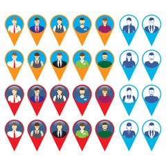 Male and female faces icons with GPS sign location.