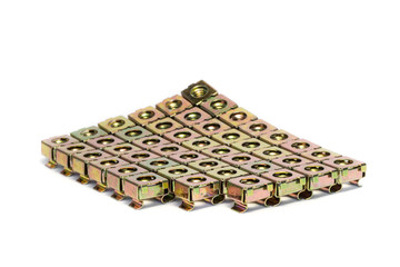 Screws nuts covered with a yellow anti corrosion coating of zinc galvanization