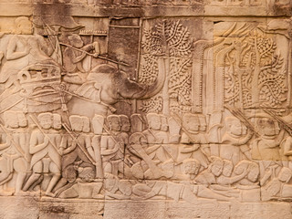 Details of stone carvings at Bayon Temple , Angkor Wat, Cambodia