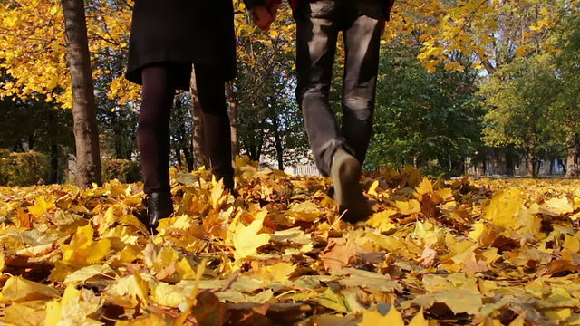 Young man and girl walking in the autumn park holding hands.