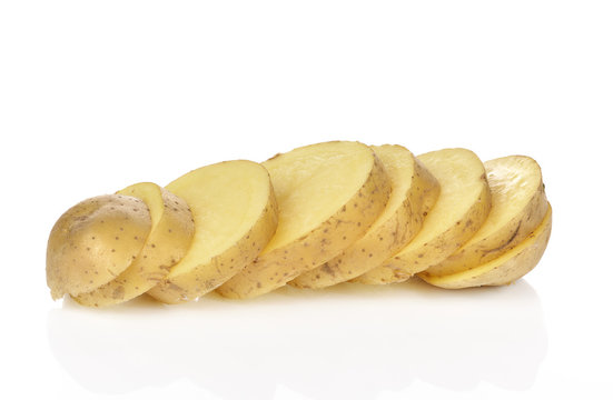 Sliced potatoes on a white background.