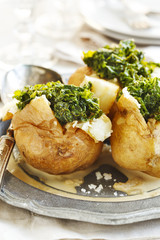 Salt-baked potatoes with miso creamed kale