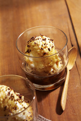 vanilla and chocolate icecream in glass on wooden table