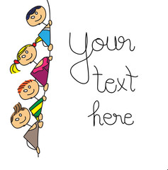 Vector doodle group of kids with big blank board.