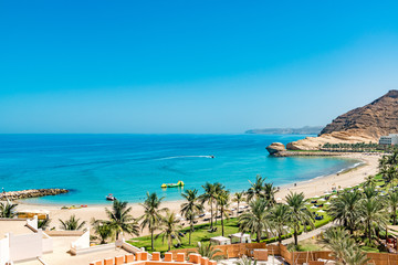 Omani Beach at the Barr Al Jissah Resort in Oman. It is located about 20 km east of Muscat. - obrazy, fototapety, plakaty