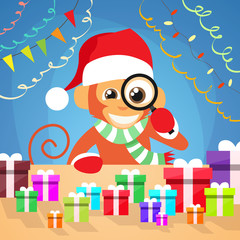 Christmas Monkey Choose Gift Box on Desk New Year Present Concept Santa Clause Hat Magnifying Glass