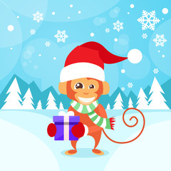 Monkey Happy Smile Wear Santa Hat Hold Gift Box Present New Year Sign Asian Horoscope Merry Christmas