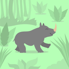 Cartoon Rhino Green Jungle Flat Vector