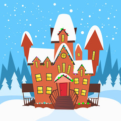 Obraz premium Winter House Snow Forest Tree Flat Vector 