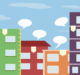 Flat City illustration with houses and speech bubbles