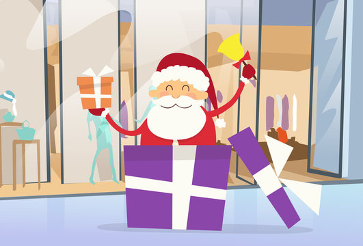 Santa Claus Shop Gift Box Shopping in Mall Center Christmas Holiday