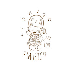 Children's postcard with cartoon little rabbit  listening to music in earphones. Vector image.