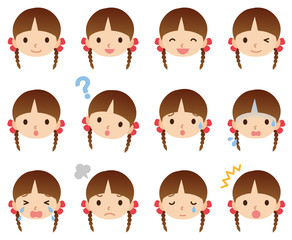子供　女の子　顔アイコン　表情セット