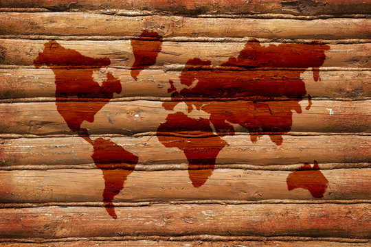 Wooden wall and the image of a world map