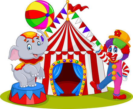 Circus elephant and clown with carnival background