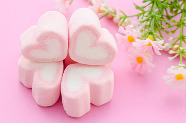 Pink marshmallows heart shape.