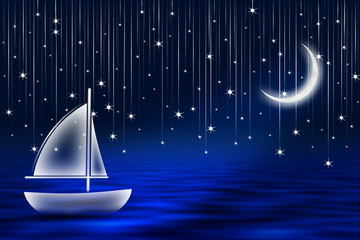 Falling stars over a sail boat on the ocean under the moonlight.