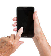 Senior woman hand with smart phone isolated