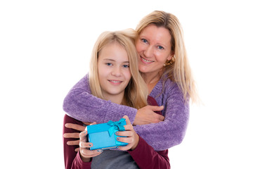 blond girl and woman with gift box