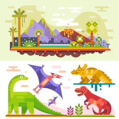 Awesome prehistoric dinosaur set with ancient landscape: tyrannosaurus - rex, diplodocus, triceratops, Jurassic landscape. Flat vector illustration stock set. © olegberesnev