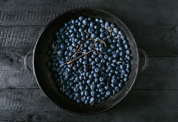 Fototapeta na wymiar Blueberries in a round pan on a black wood background