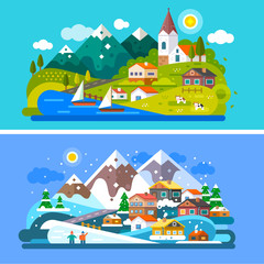 Nice Alps landscapes. Mountain and Lake views: chapel, boats on a lake, cows roaming on the alpine meadows, snow mountains, snowboarding people, alpine village, Stock vector illustration flat set.