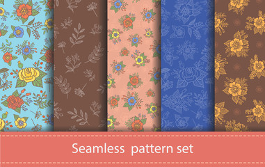 Vector set of seamless floral patterns. Decorative flowers and design elements for textile, book covers, manufacturing